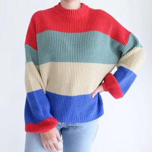 Brixton Madero Red,  Sage & Blue Colour Block Knit Crewneck Sweater Size Medium